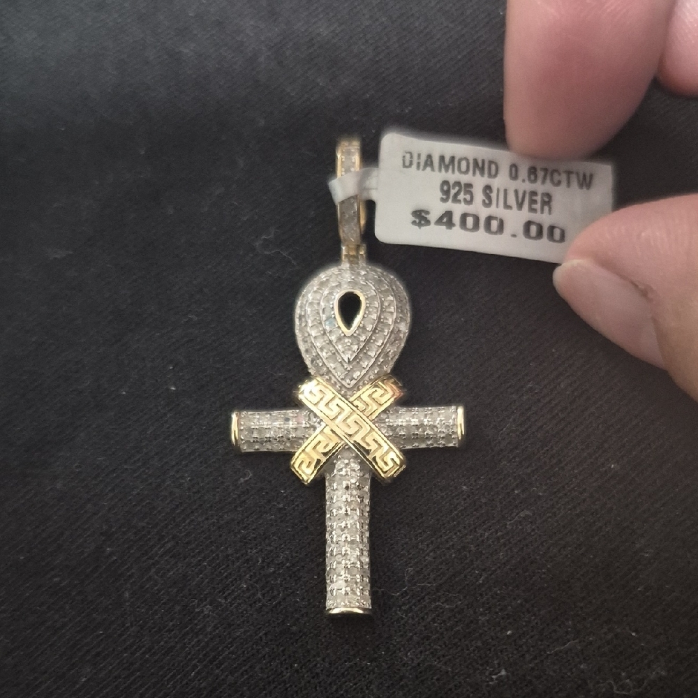 925 Silver Gold Vermeil Ankh Pendant 0.67 CTW Diamond Cross Charm